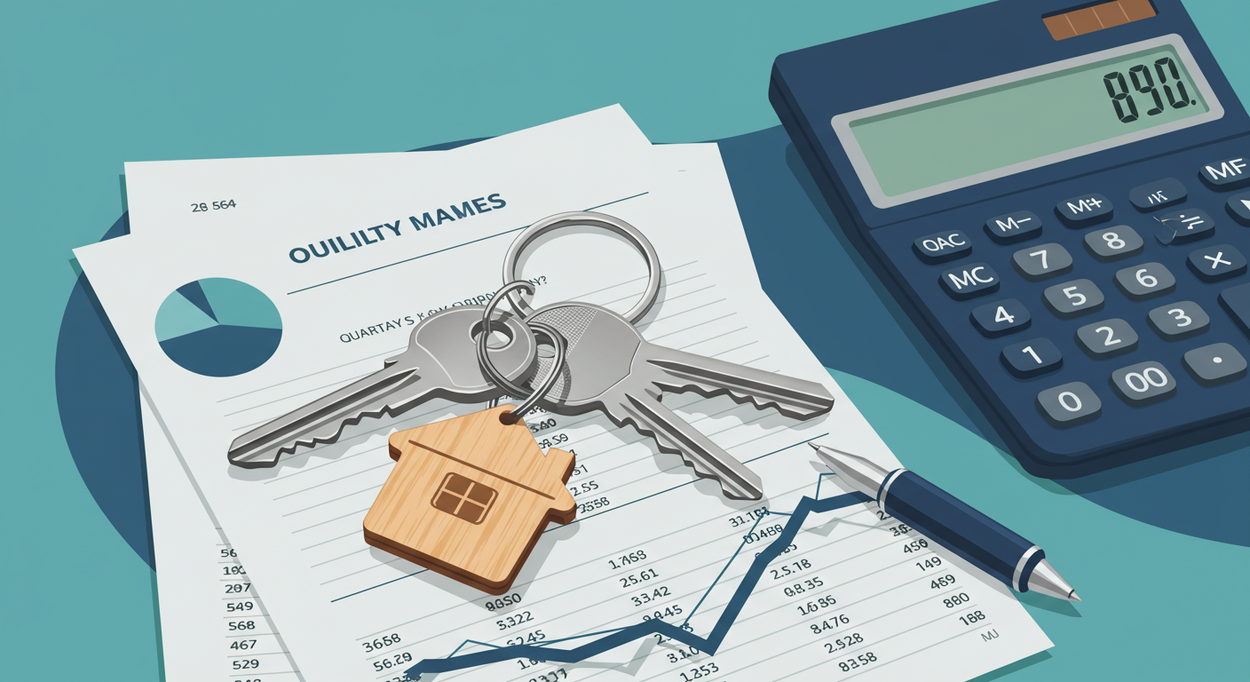 A set of house keys with a small wooden house keychain resting on a stack of financial documents and a calculator.