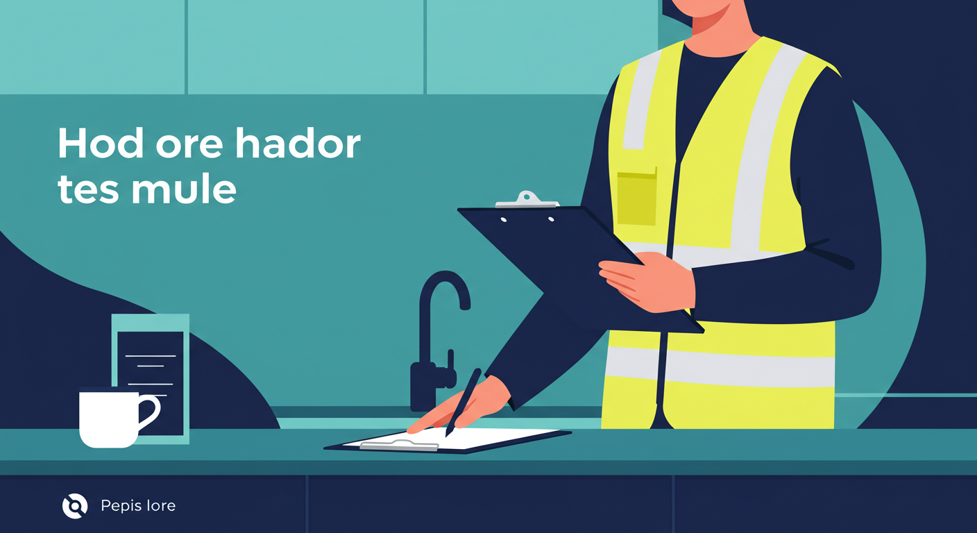 A person in a work vest holding a clipboard and a pen, inspecting a kitchen countertop.