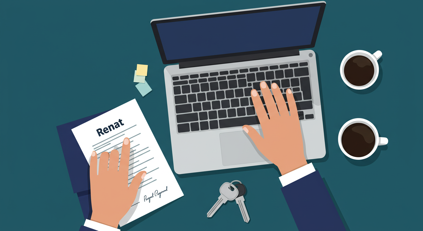 A person's hands typing on a laptop with a signed rental agreement and a set of keys on the desk beside it.