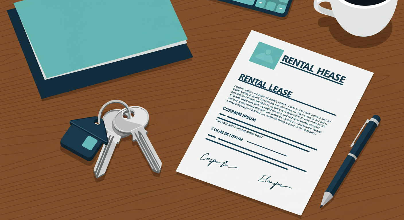 A set of house keys and a signed rental lease agreement on a wooden desk.