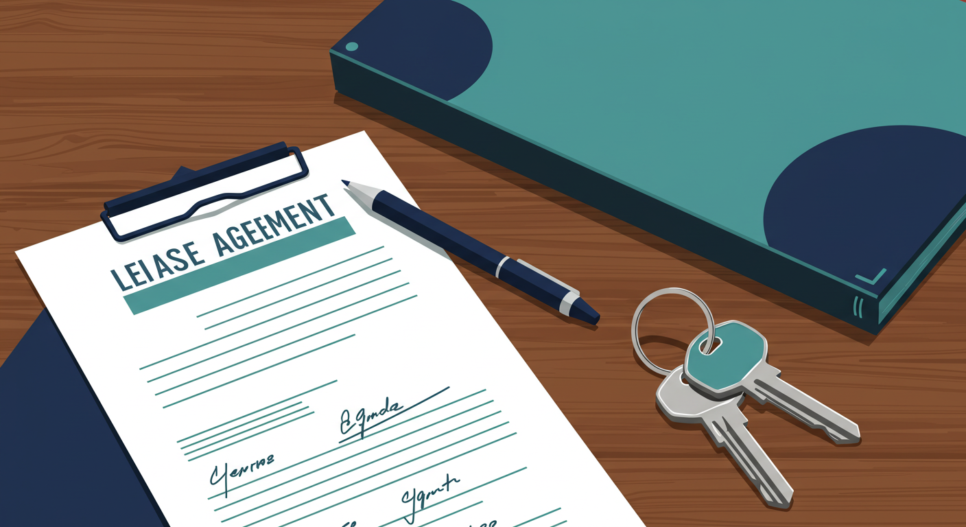 A set of apartment keys and a signed lease agreement on a wooden table.