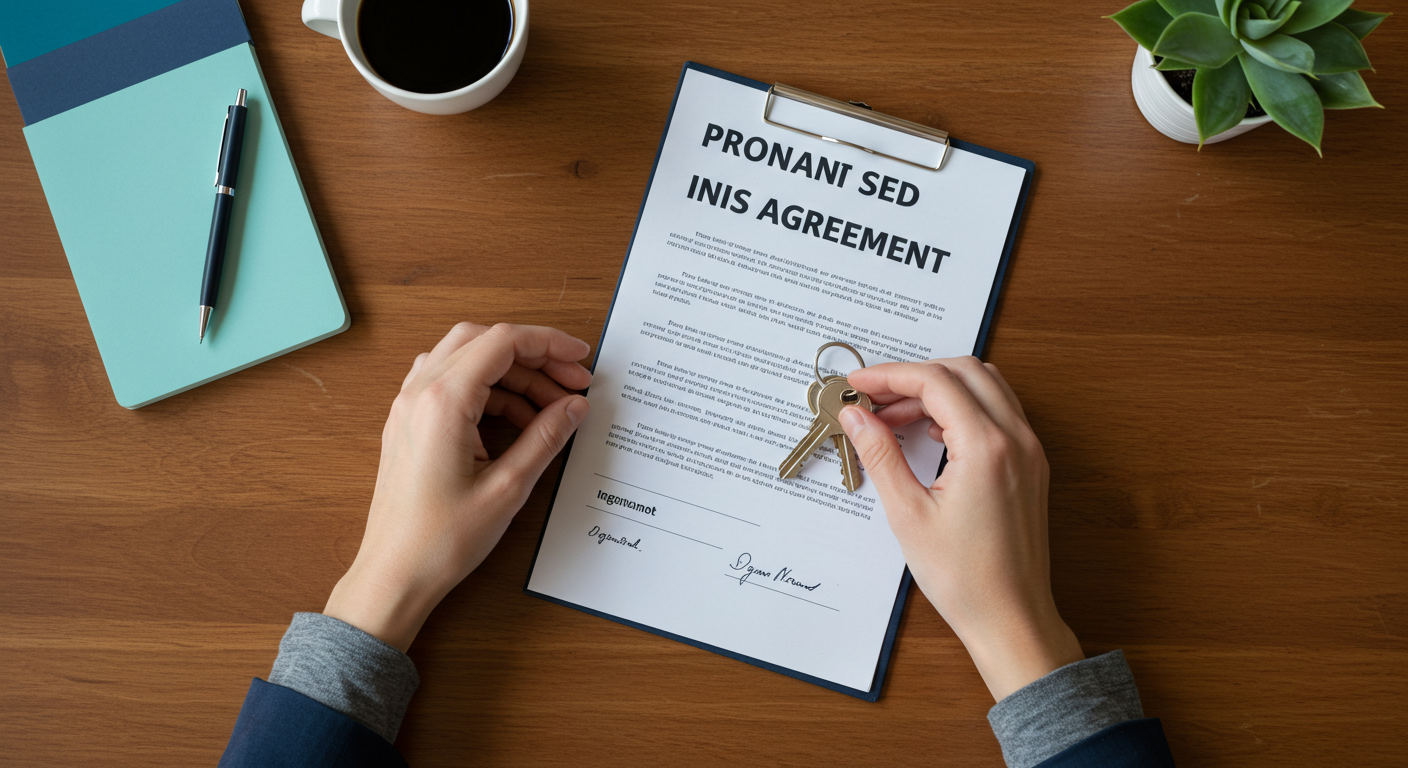 A person's hands holding a set of house keys over a signed rental agreement document on a wooden table.