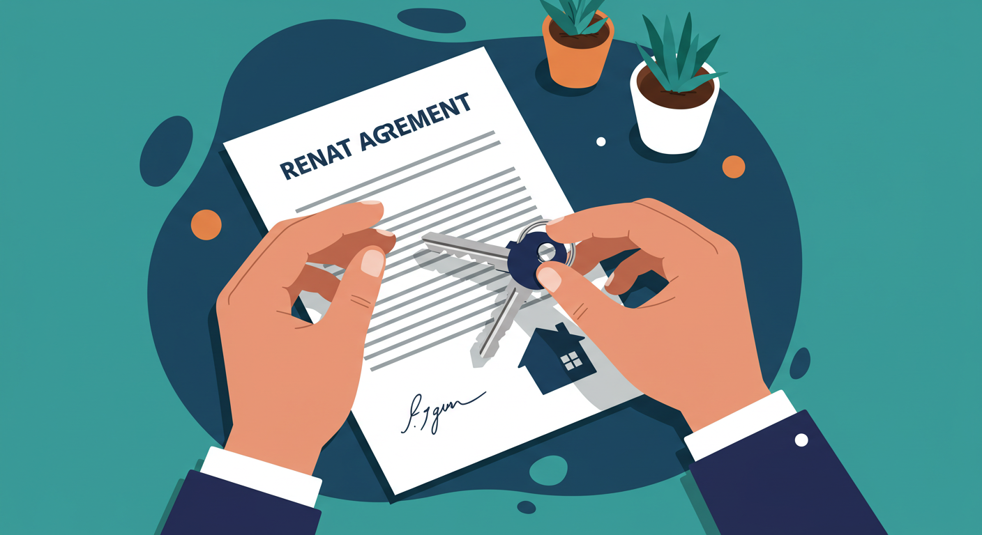 A person's hands holding a set of house keys over a signed rental agreement document.