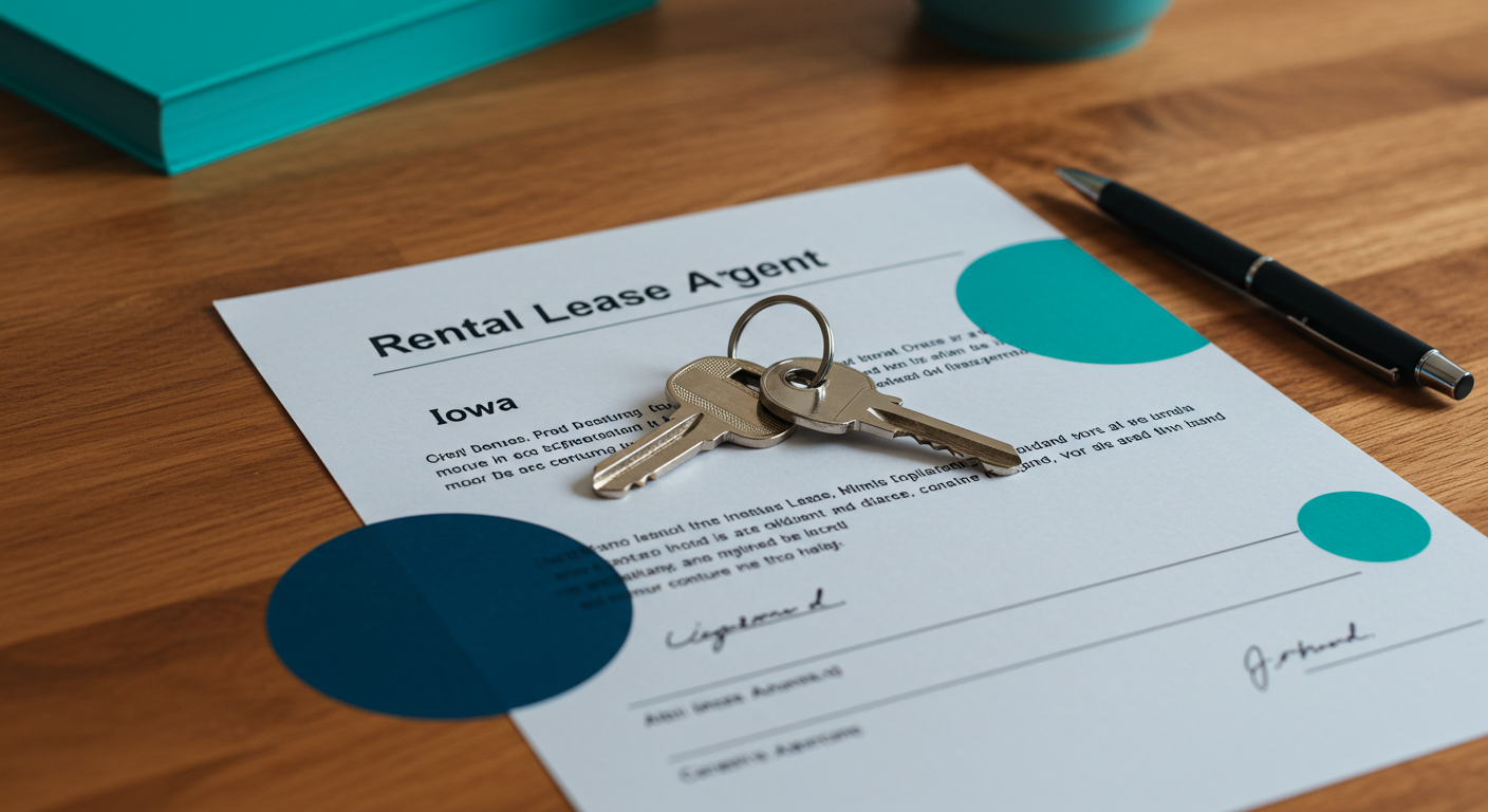 A set of house keys resting on a signed rental lease agreement document on a wooden desk in Iowa.