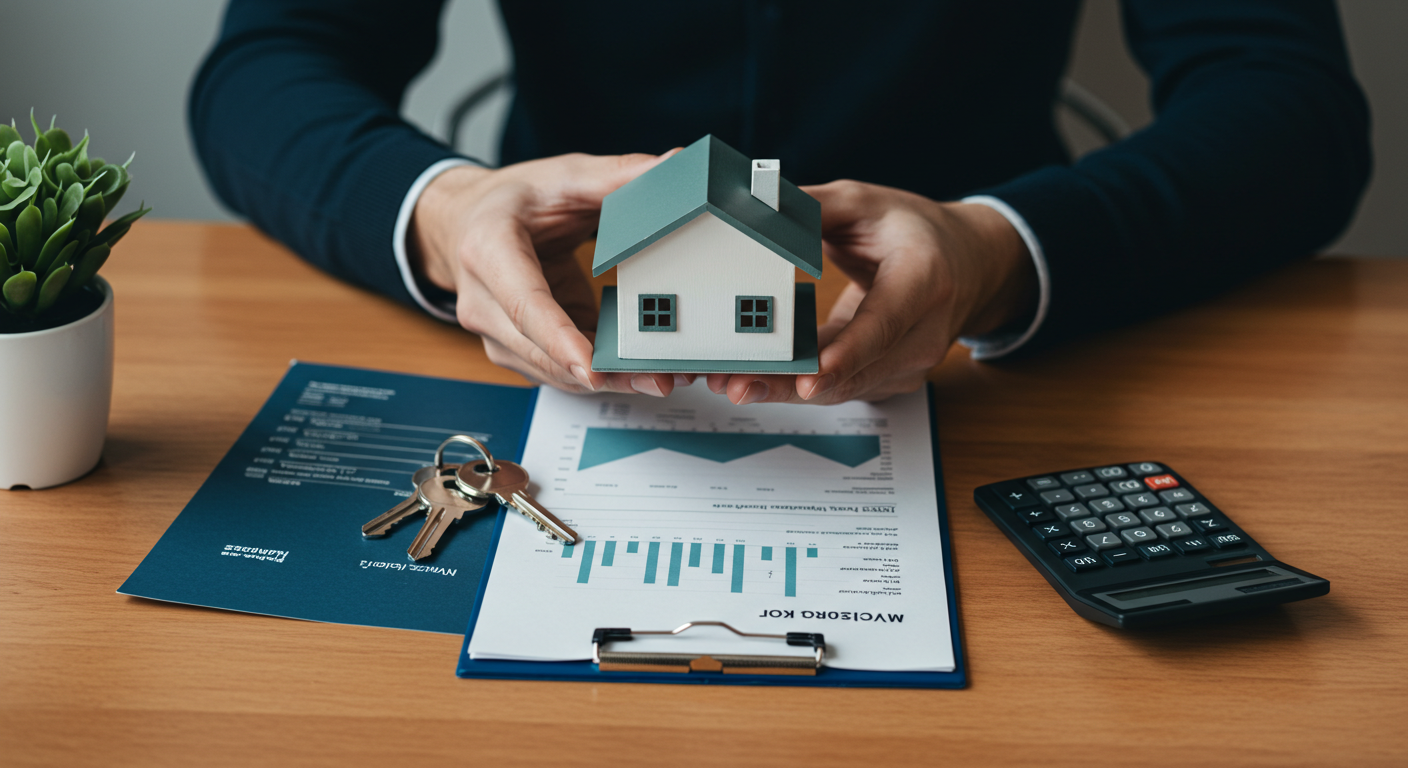 A person's hands holding a small model of a house, with a calculator and house keys on a wooden desk.