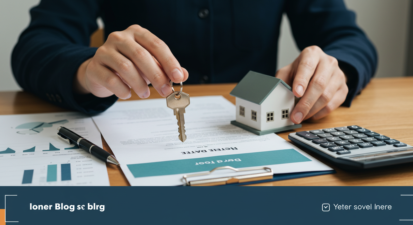A person's hands holding a house key and a small model of a house, with a calculator and pen on a desk in the background.