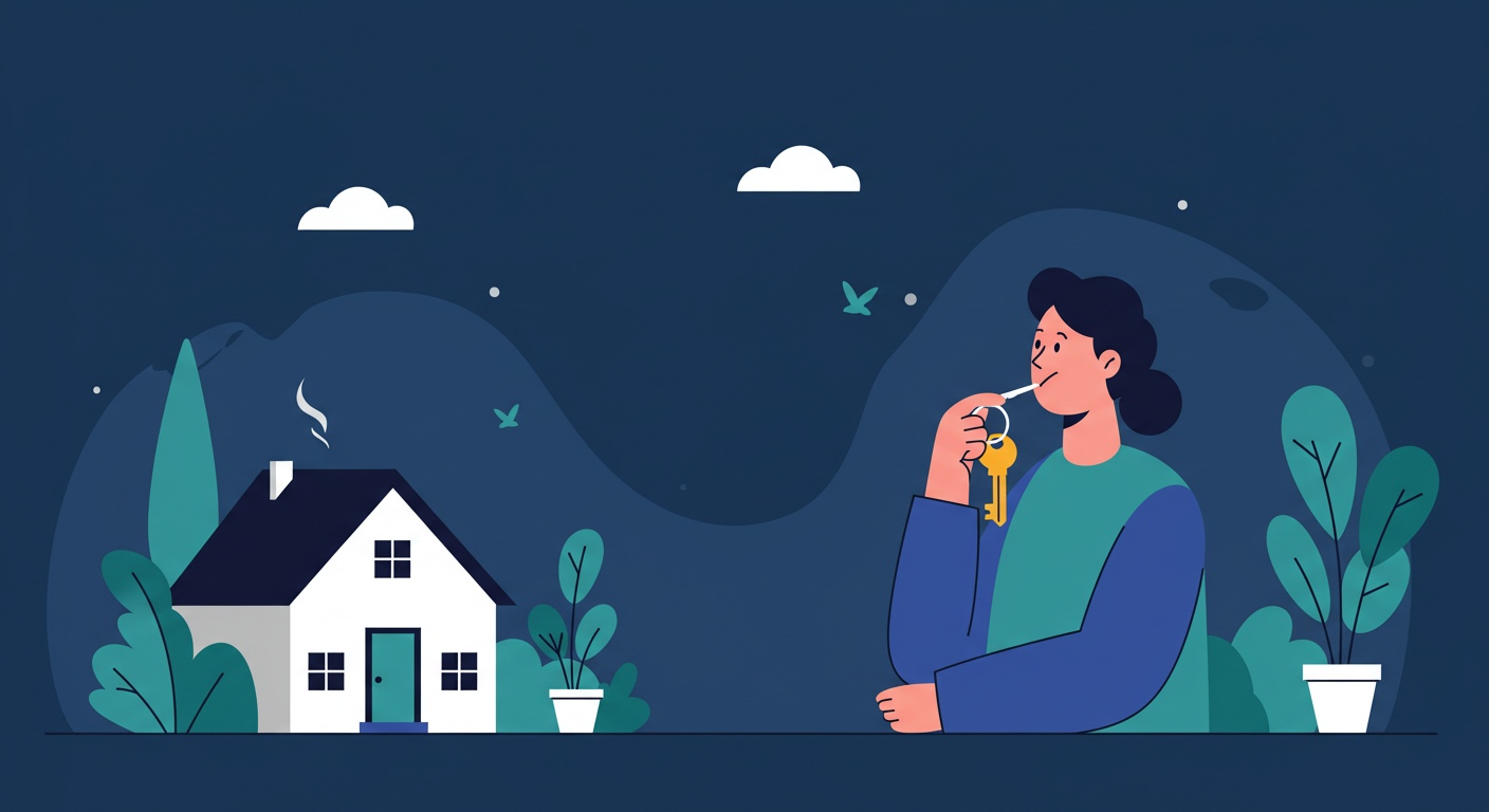A person holding a set of keys looks thoughtfully at a small residential house.