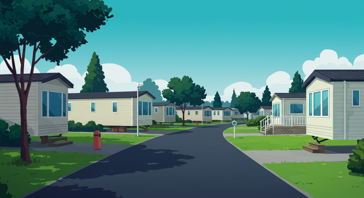 A neat row of mobile homes in a park with paved roads and green lawns on a sunny day.