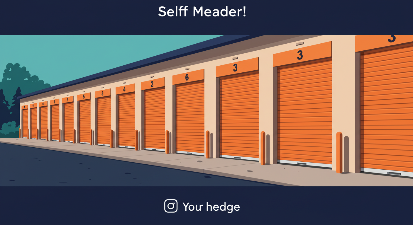 A row of clean, orange self-storage unit doors with a paved driveway in front.