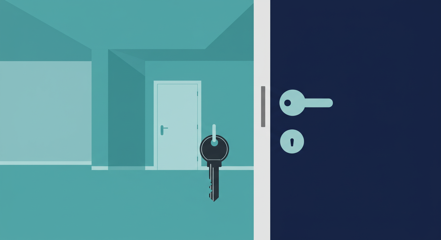A key hanging on a hook next to an open apartment door, with the empty and clean apartment visible in the background.