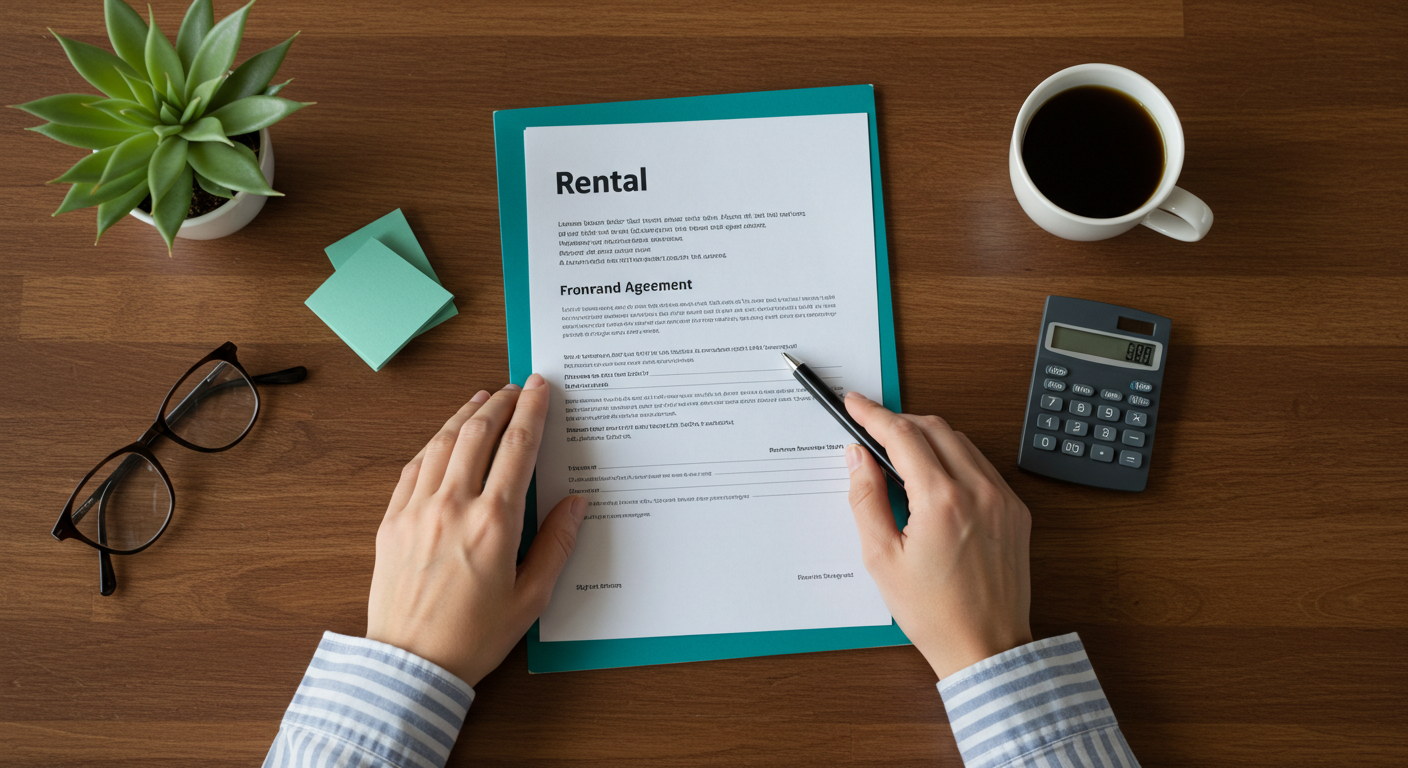 A person's hands reviewing a rental lease agreement document with a pen and calculator on a wooden desk.