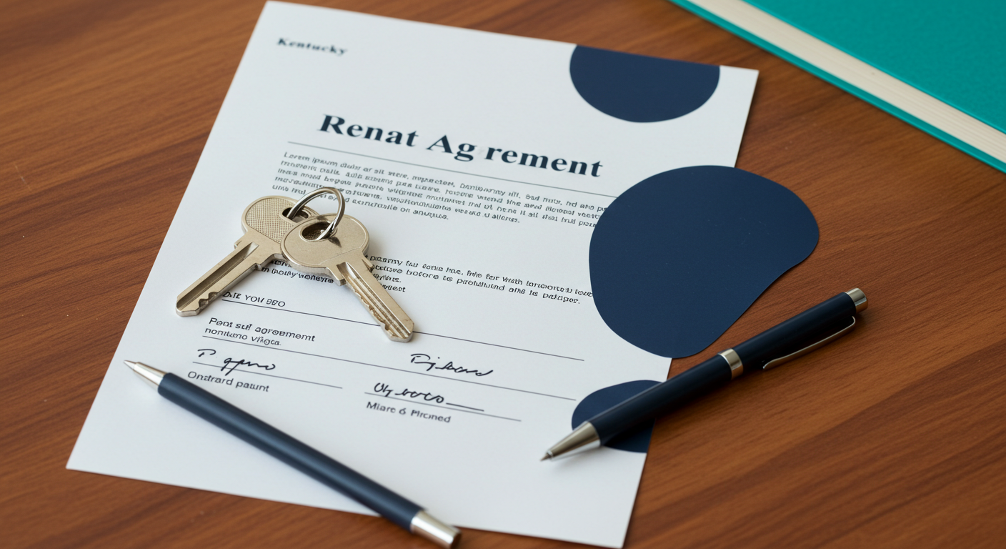A set of house keys and a signed rental agreement on a wooden desk in Kentucky.