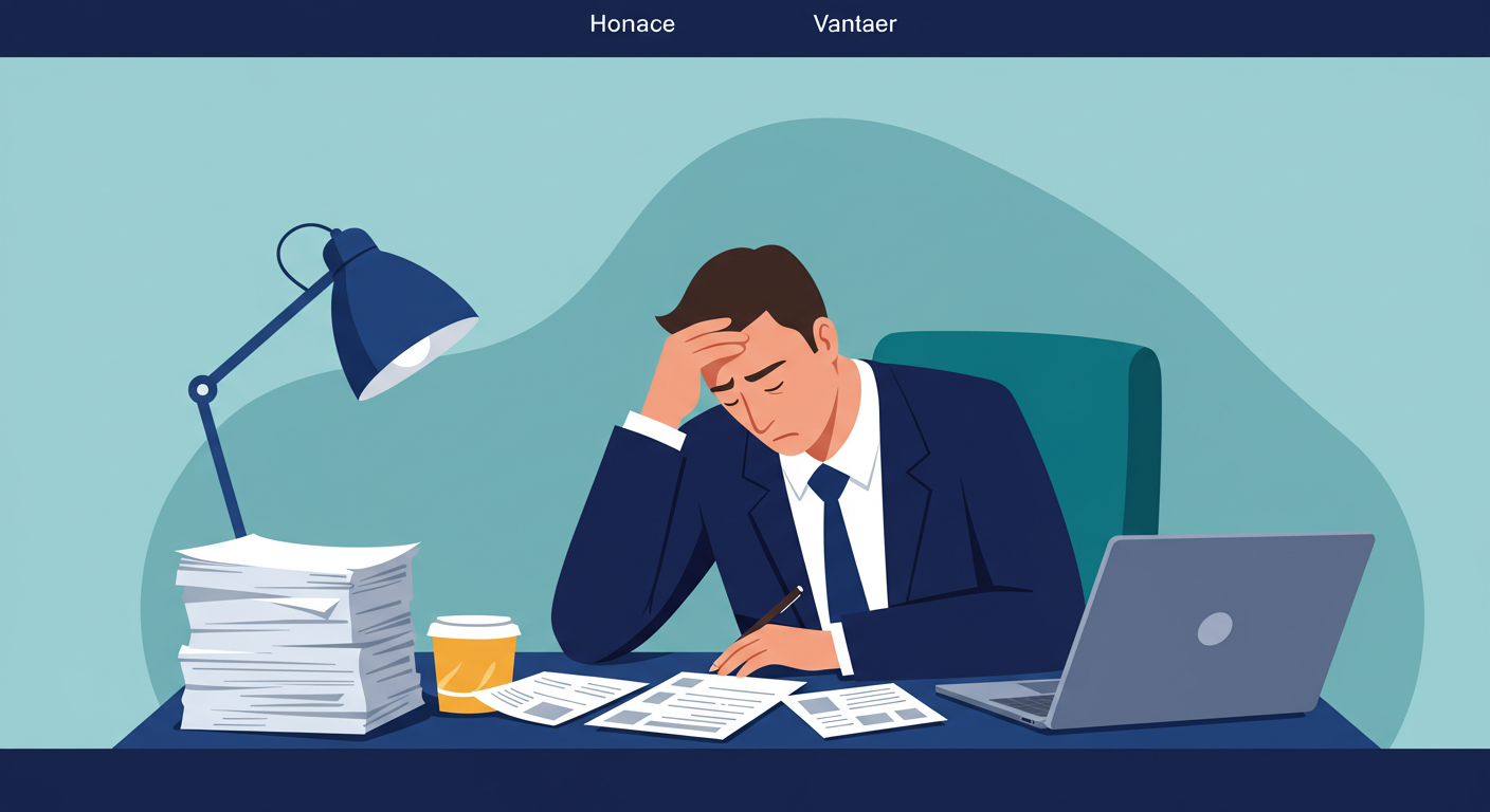 A tired landlord with their head in their hands sits at a desk covered in paperwork and a laptop.
