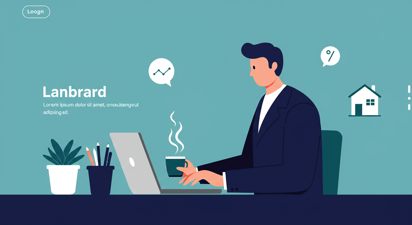 A landlord sitting at a clean desk, calmly using a laptop and drinking coffee while managing their property.