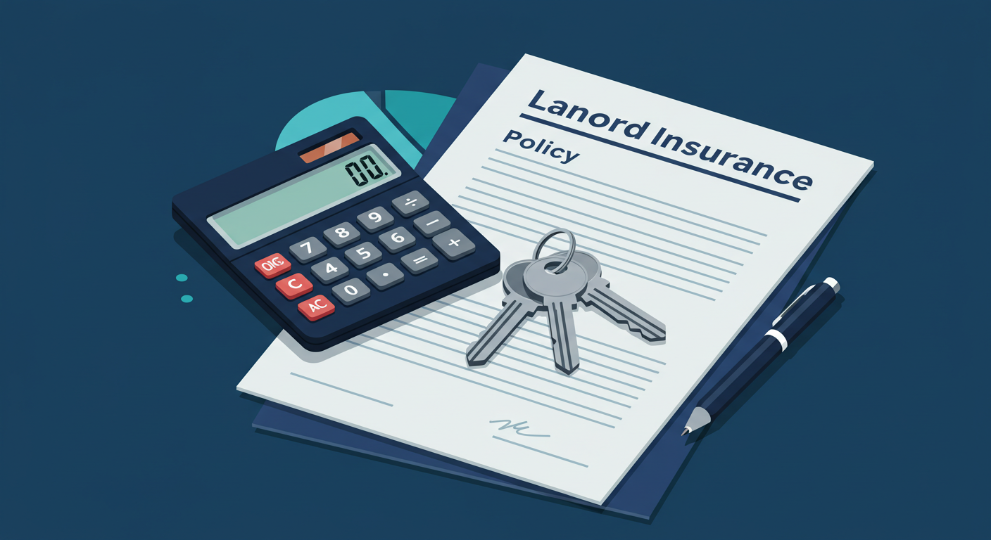 A calculator and a set of keys resting on top of a landlord insurance policy document.