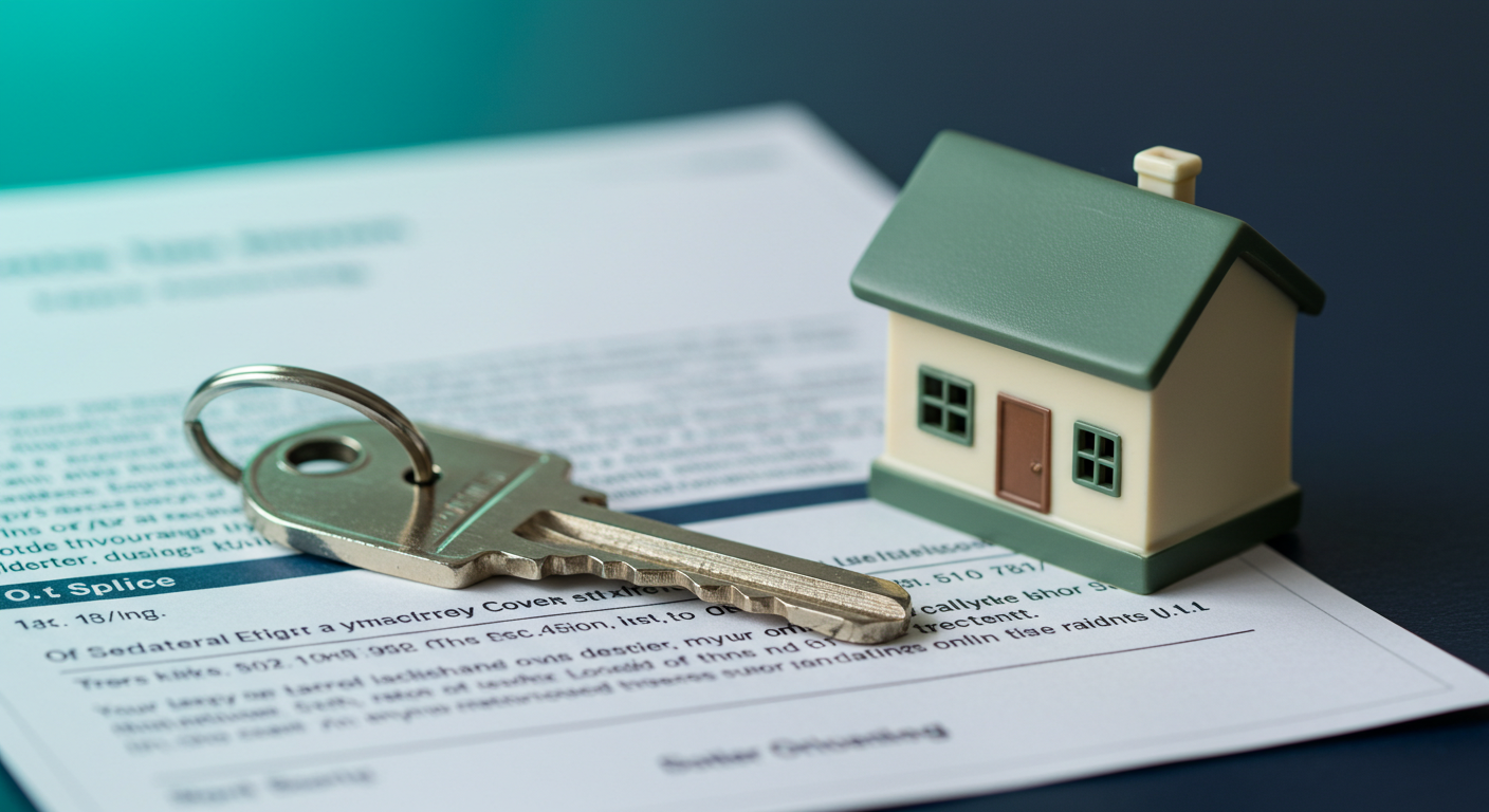 A close-up of a house key next to a miniature model of a house, resting on a document labeled 'Insurance Policy'.