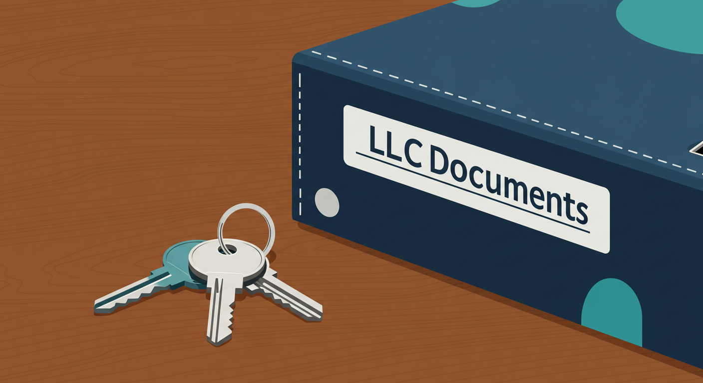 A set of house keys next to a leather-bound folder labeled 'LLC Documents' on a wooden desk.