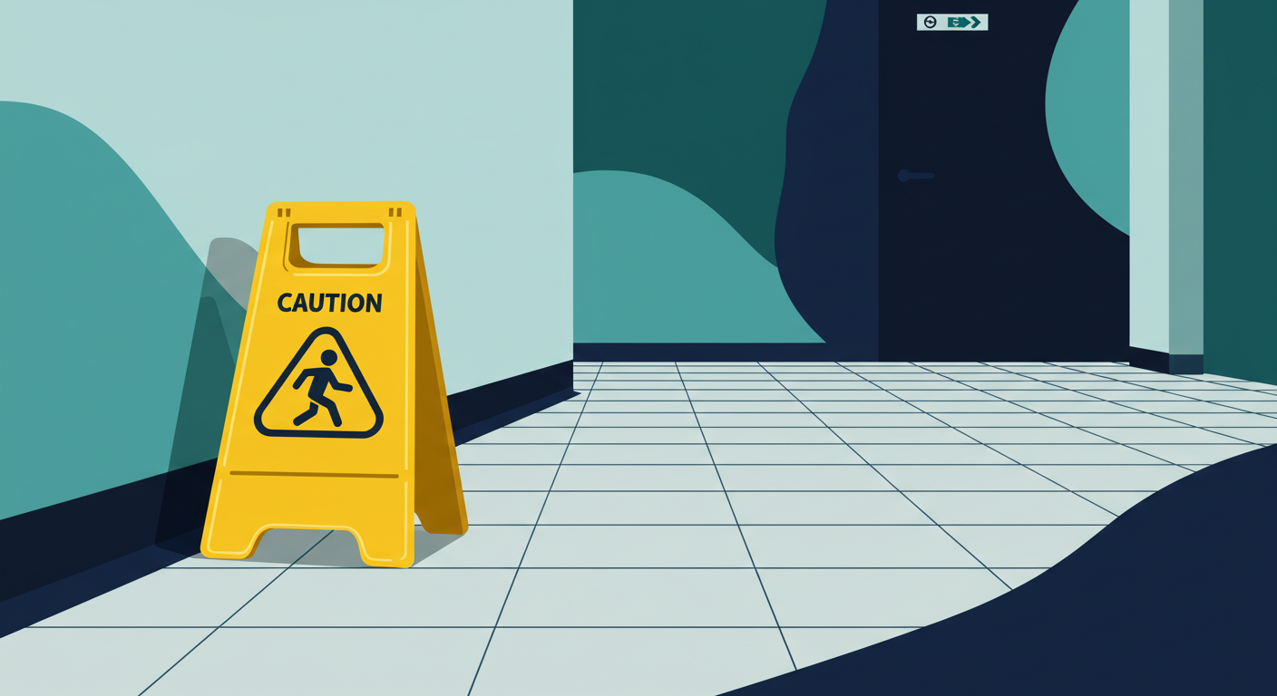 A yellow 'Caution: Wet Floor' sign on a clean, tiled floor in a building hallway.