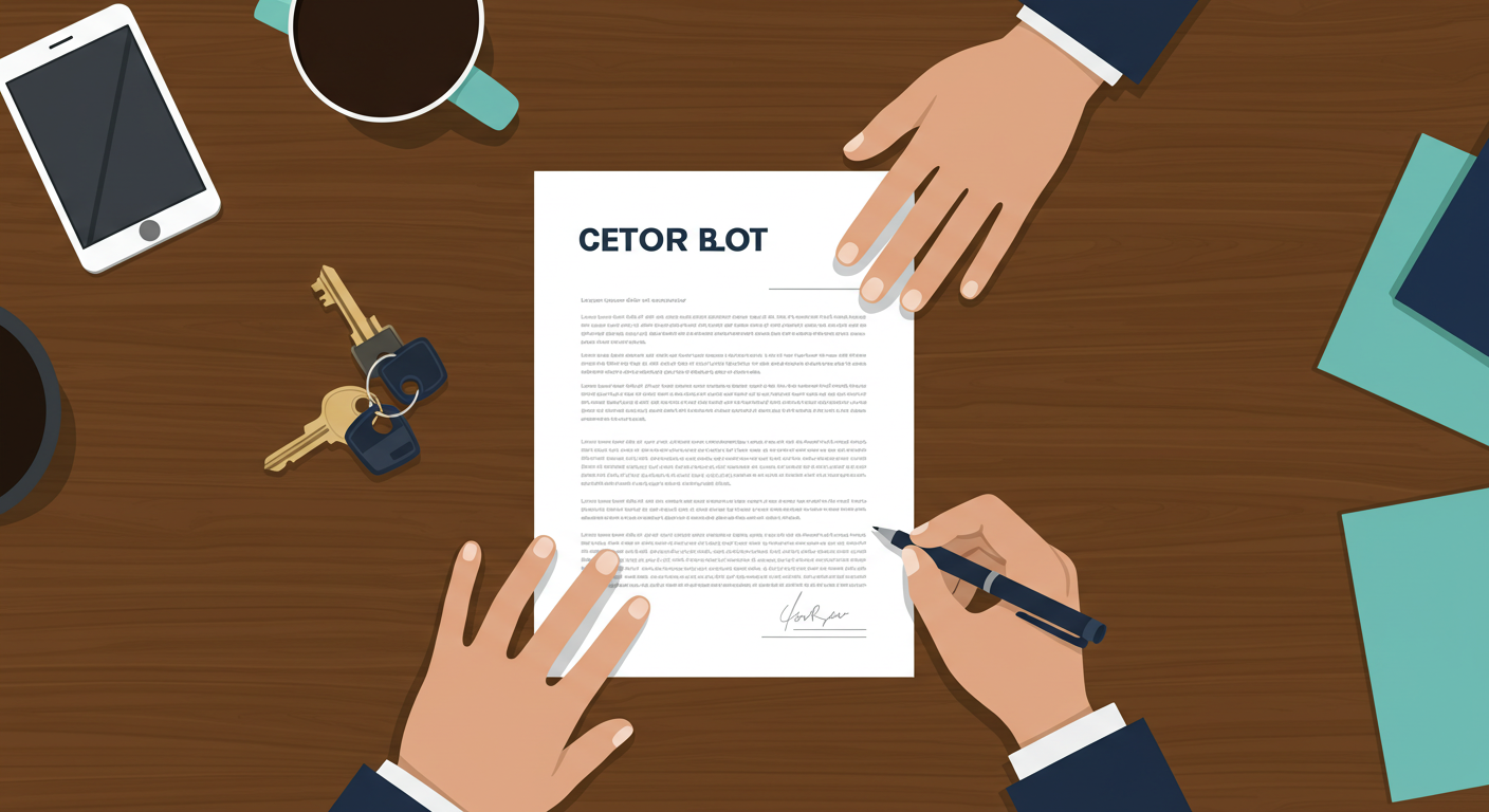 A person's hands signing a formal document on a wooden desk, with a pen and a set of keys nearby.
