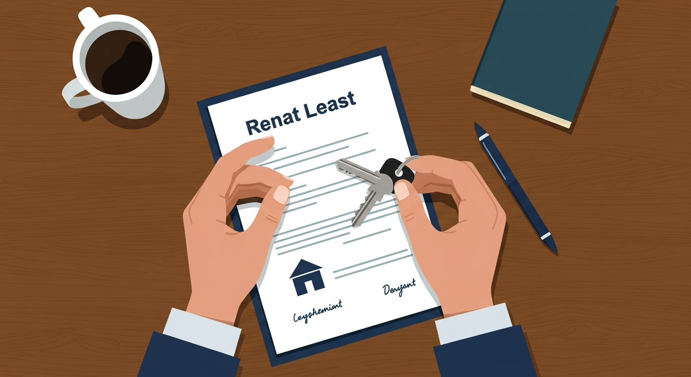 A person's hands holding a set of house keys over a signed rental lease agreement on a wooden desk.