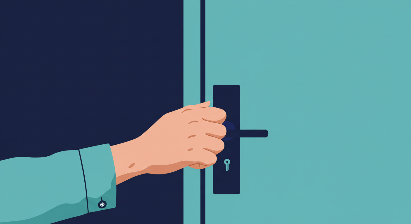 A close-up of a person's hand knocking on a modern apartment door.