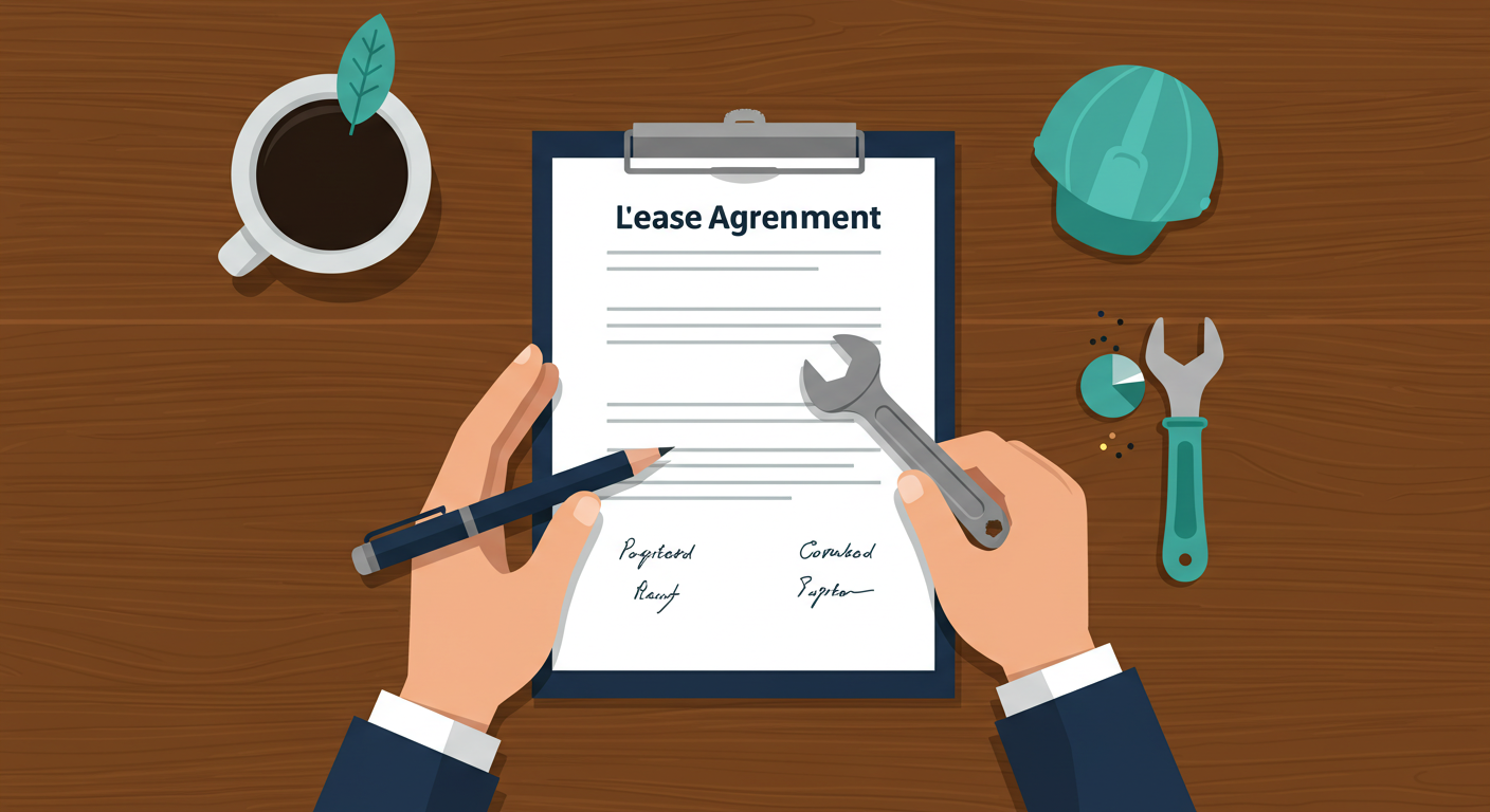 A person's hands holding tools over a signed lease agreement on a wooden table.