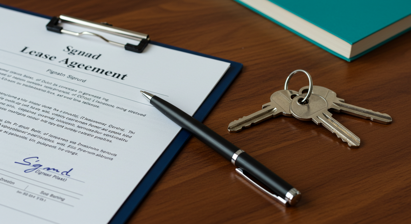 A signed lease agreement and a pen resting on a wooden desk next to a set of keys.
