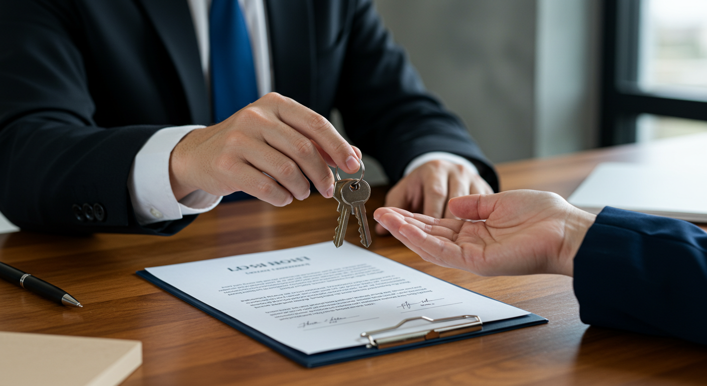 A close-up of a landlord handing a set of keys and a signed lease agreement to a new tenant across a wooden table.