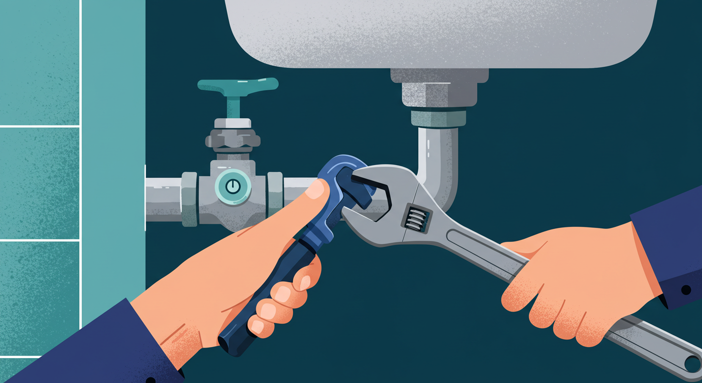 A close-up of a plumber using a wrench to work on old metal pipes under a sink.
