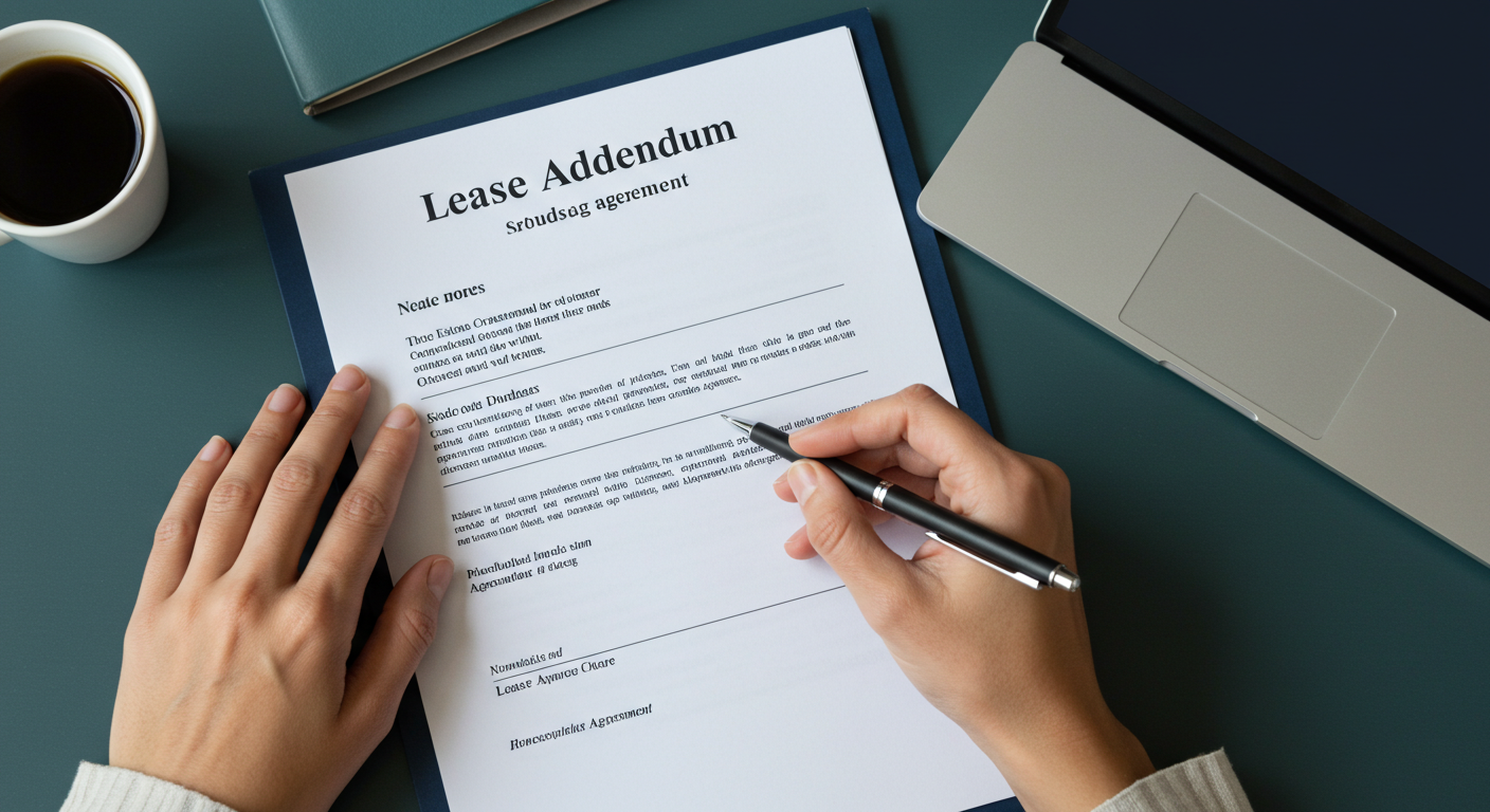 A person's hands signing a document titled 'Lease Addendum' with a pen, placed on top of a standard lease agreement.