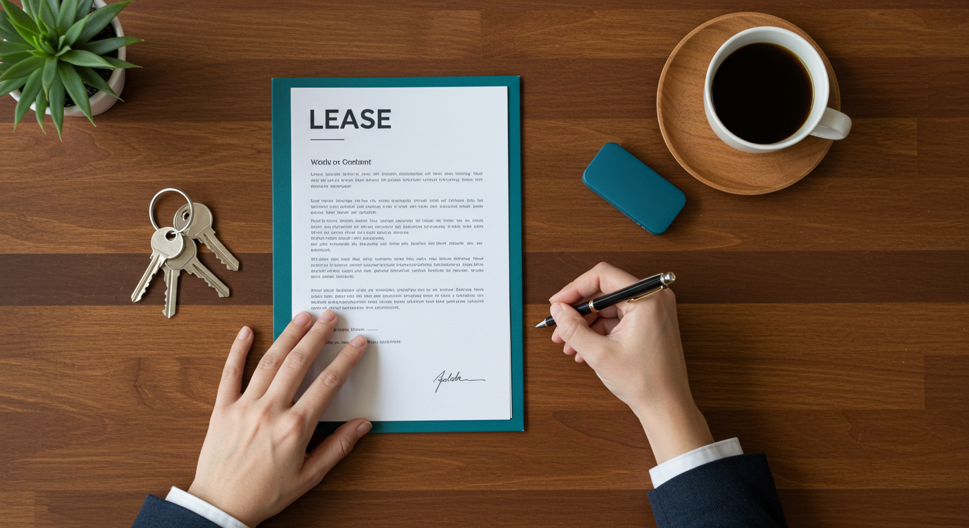 A person signing a lease document at a wooden desk with a pen and a set of keys nearby.