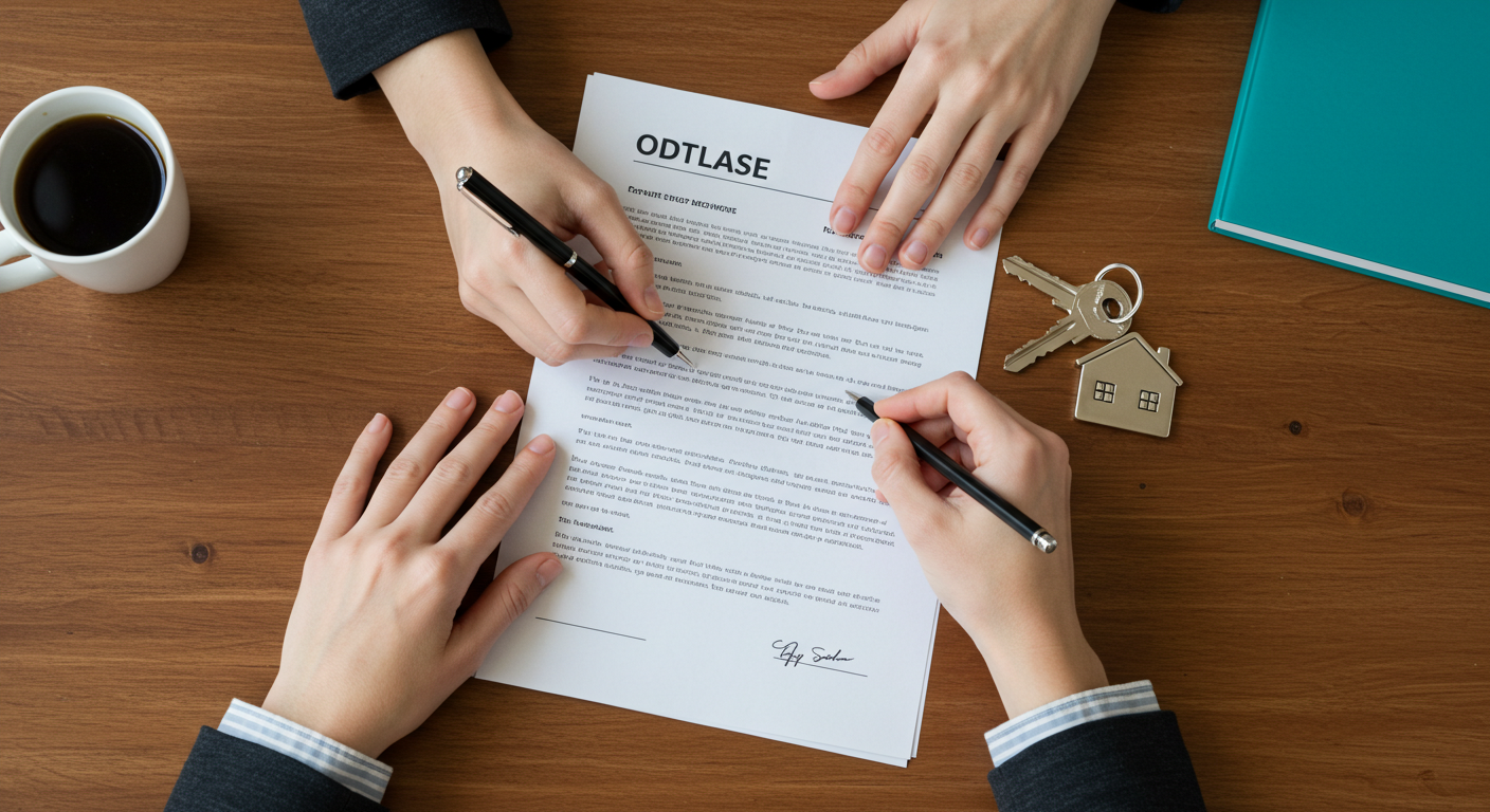 A person's hands signing a lease document on a wooden table, with a set of house keys resting beside the paper.