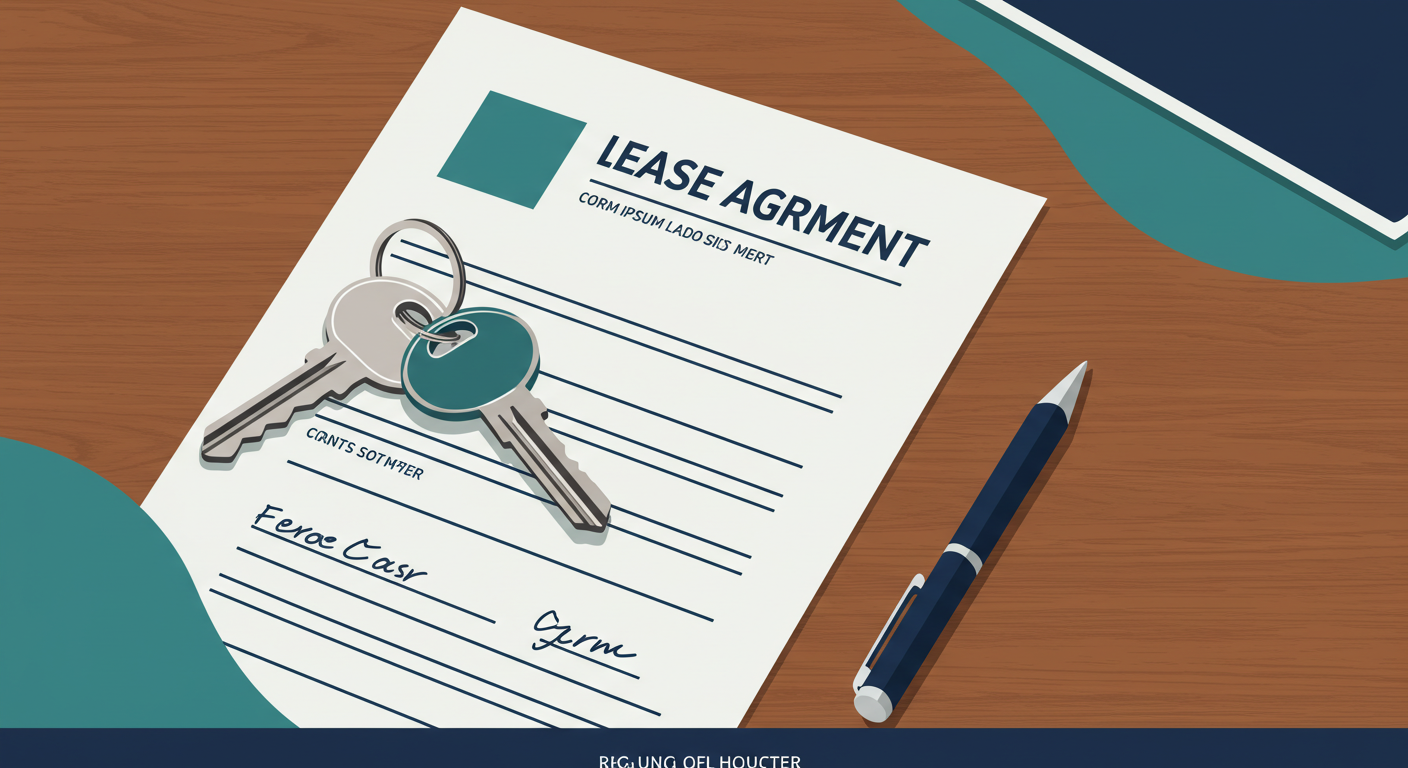 A set of house keys and a signed lease agreement on a wooden table.