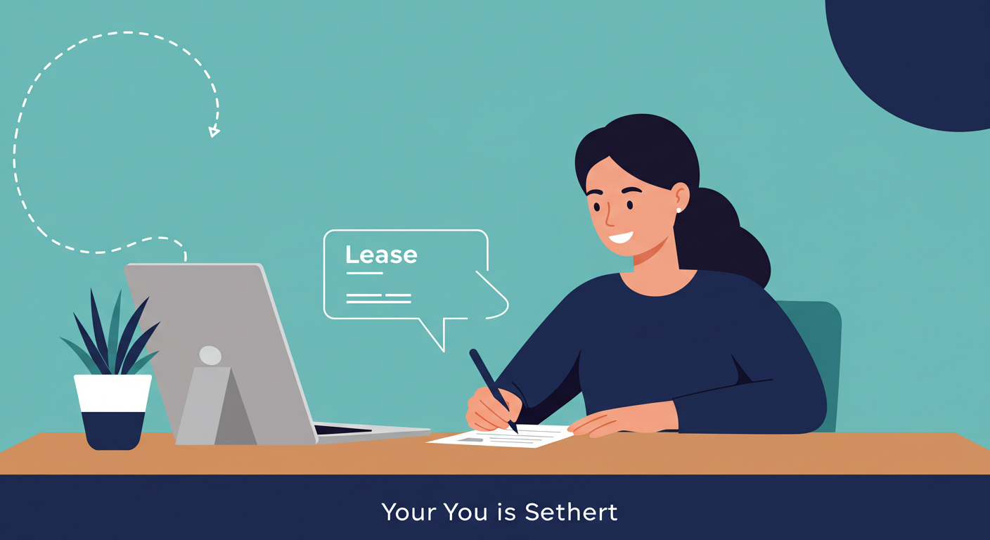 A person smiling and signing a lease renewal document at a clean wooden desk.