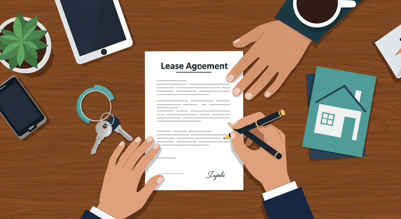 A person's hands signing a lease agreement document on a wooden desk with a pen and house keys nearby.