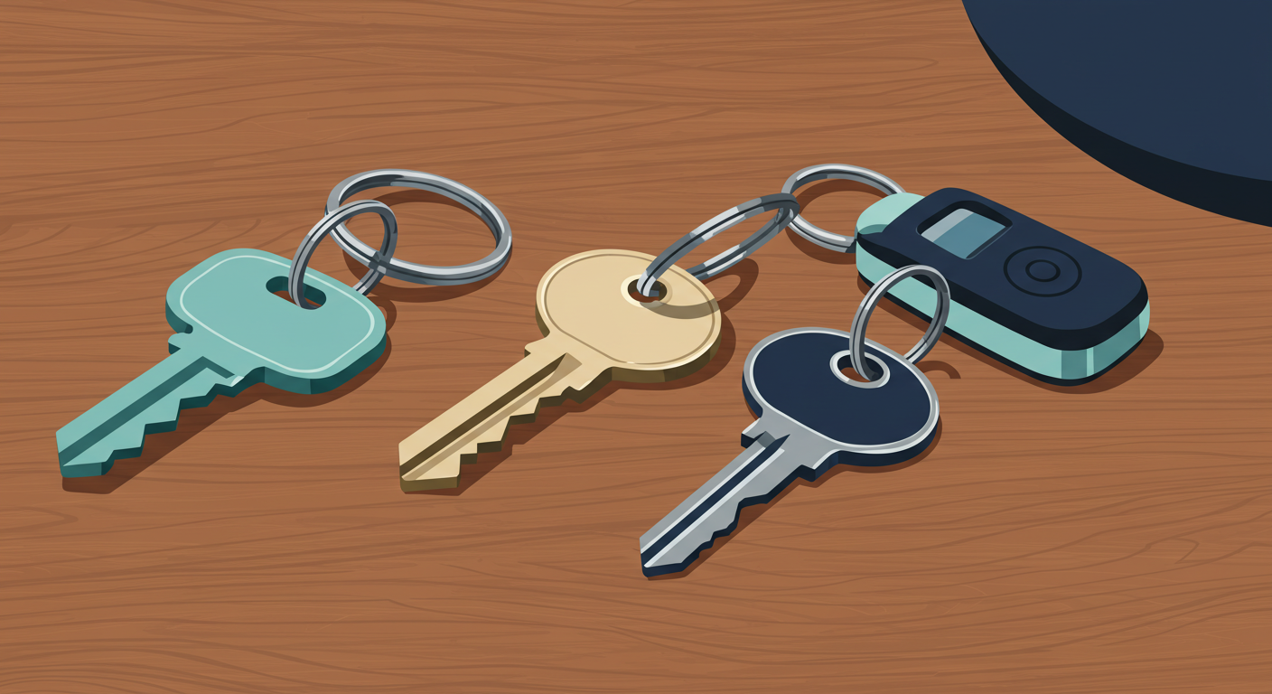 Three sets of keys with different keychains resting on a wooden table.