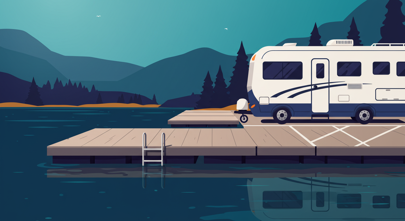 A numbered boat slip on a calm lake next to an RV parked in a designated spot.