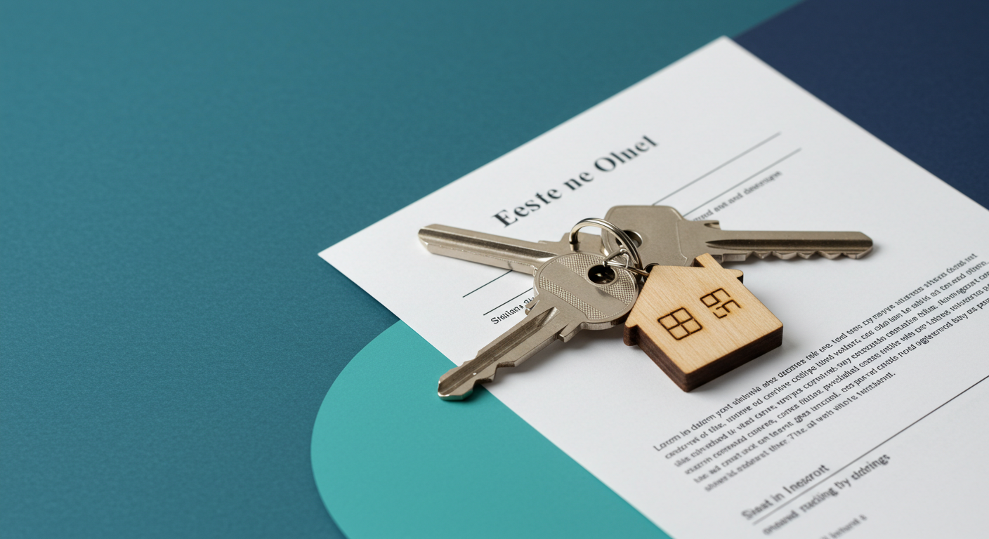 A set of house keys with a small wooden house keychain resting on a legal document.