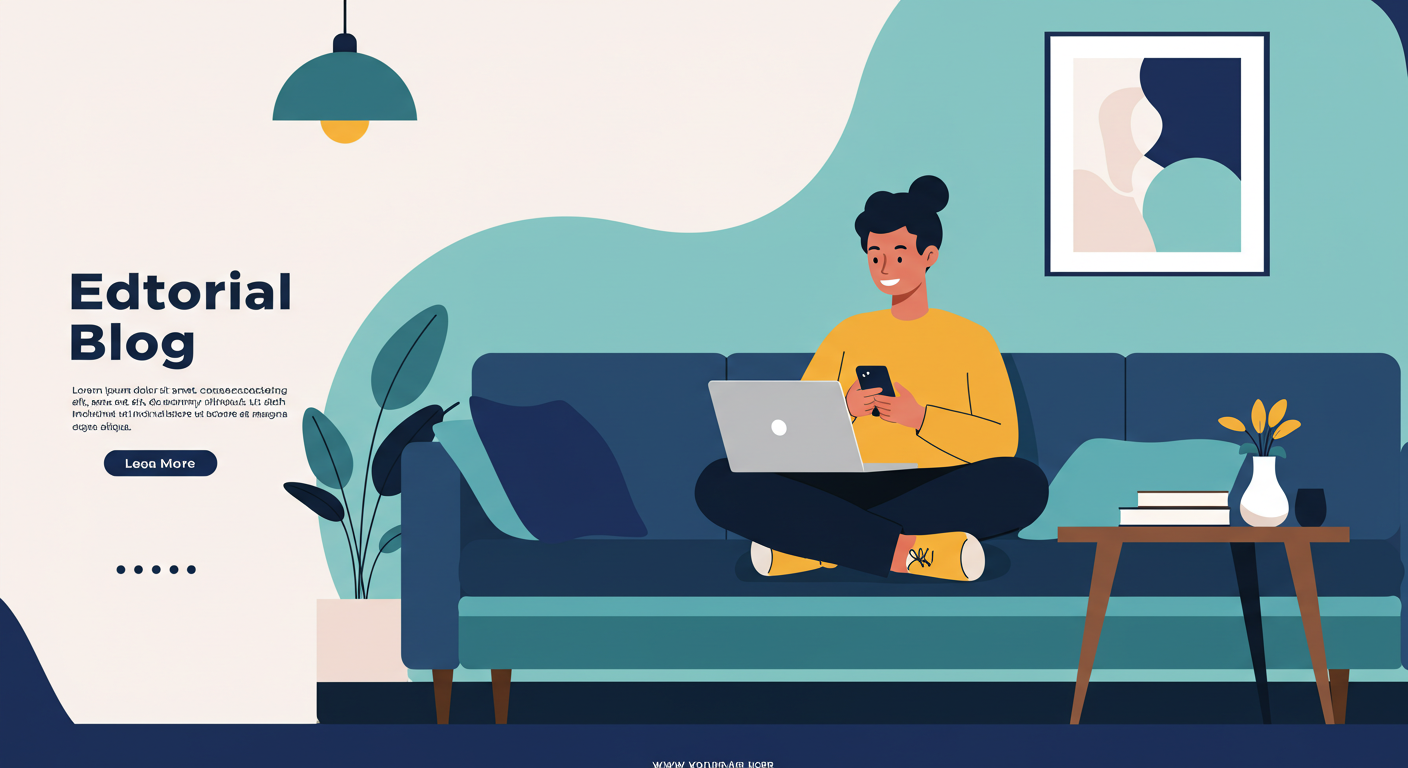 A person sitting on a couch, smiling while using a laptop and holding a smartphone, with a modern living room in the background.