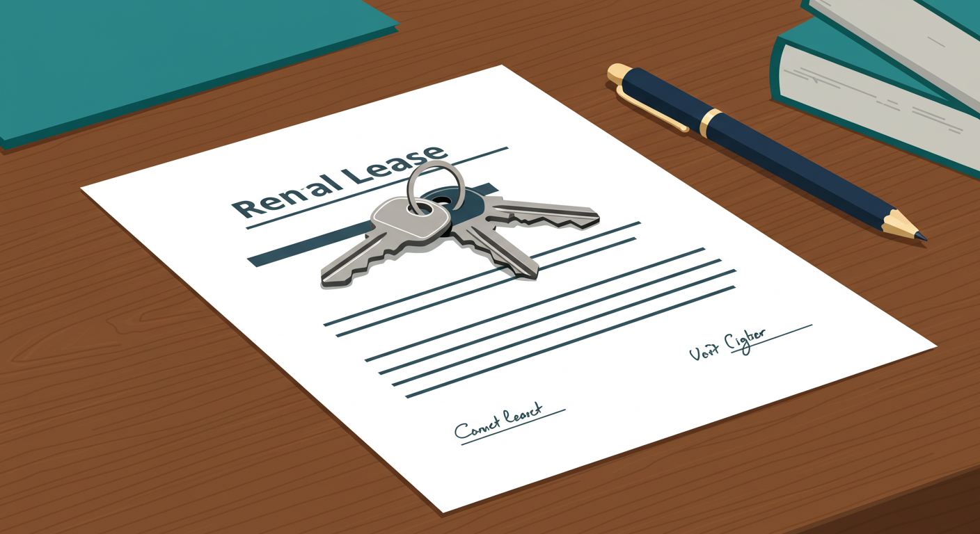 A set of house keys resting on a signed rental lease agreement on a wooden desk.