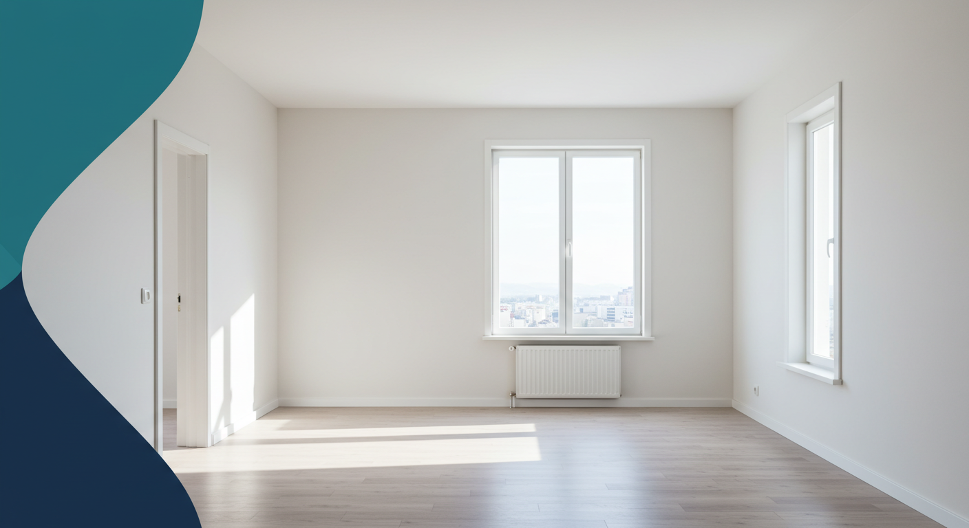 A clean, empty living room in a rental apartment with fresh white walls and sunlight coming through the window.