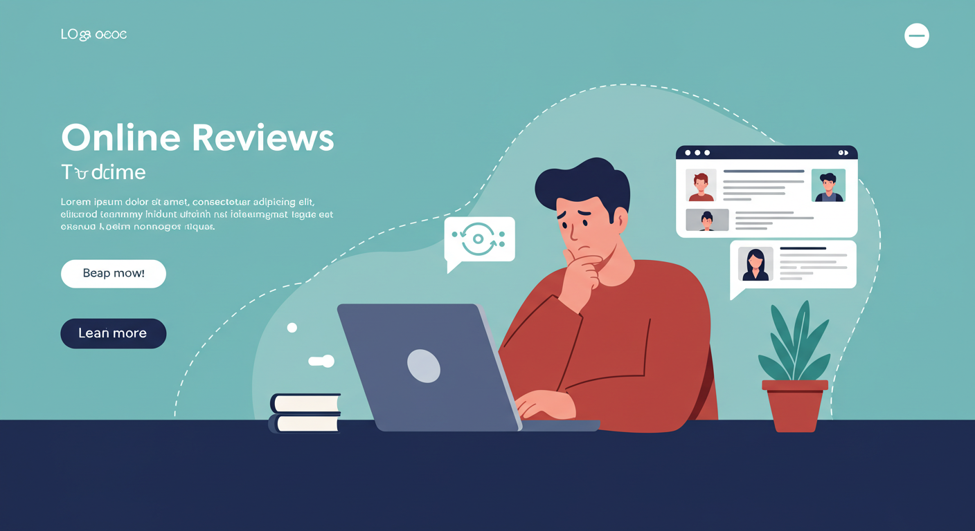 A person looking at online reviews on a laptop, with a concerned but thoughtful expression.