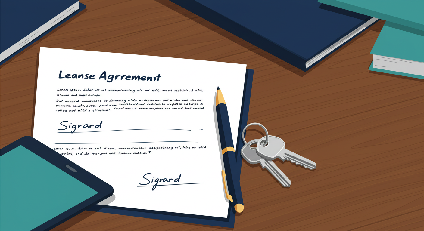 A signed lease agreement and a set of keys resting on a wooden desk.