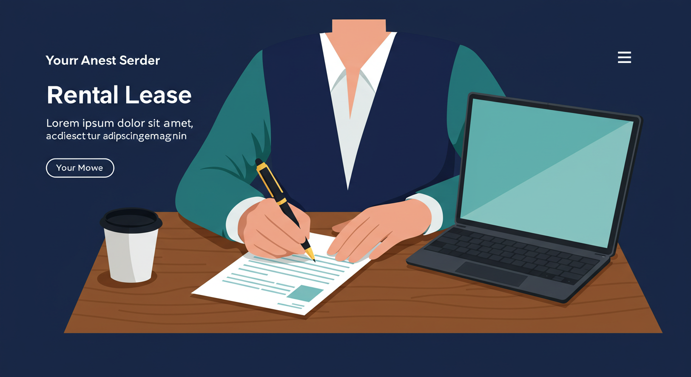 A person signs a rental lease agreement with a pen at a wooden desk.