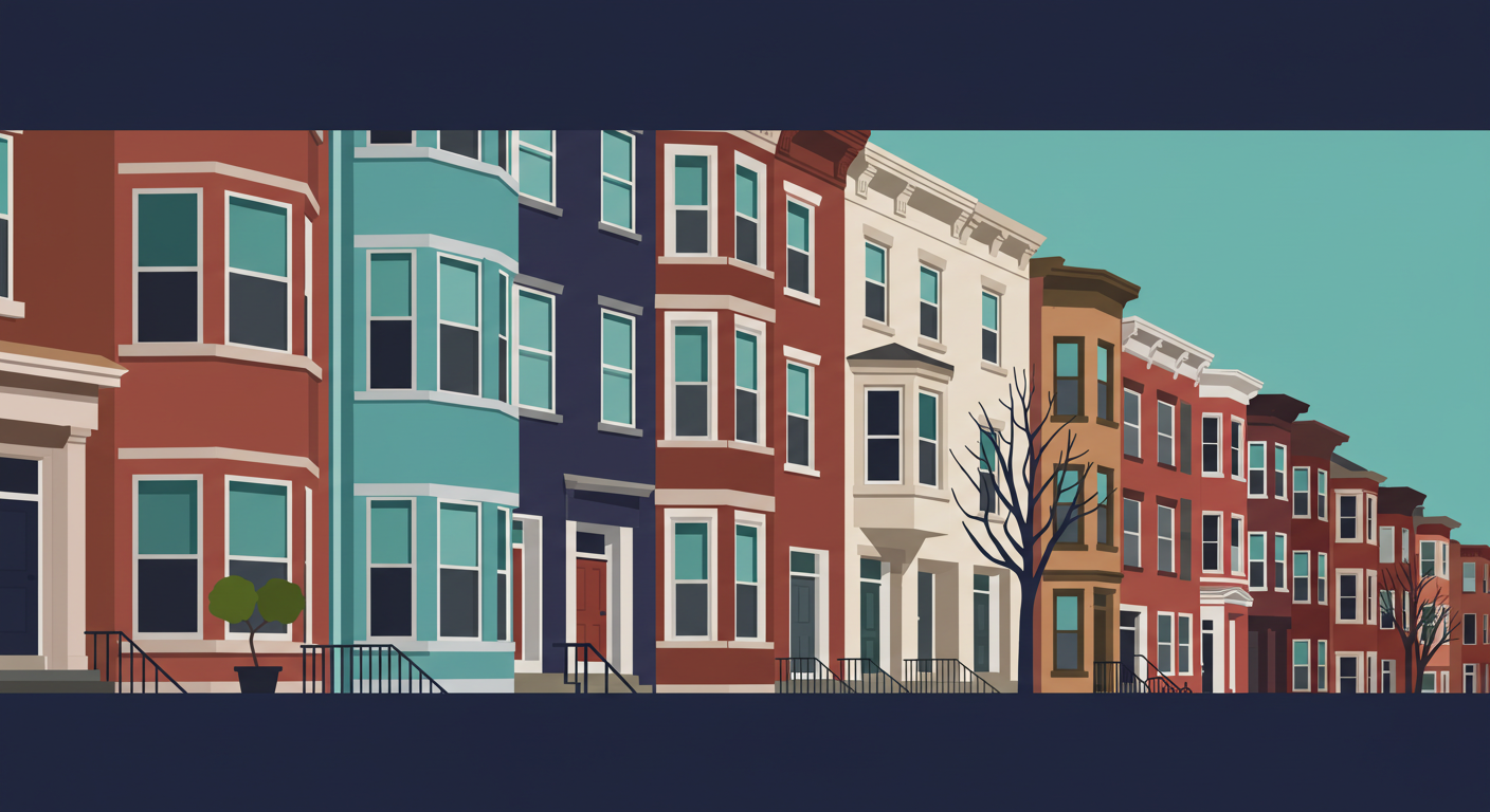 A row of traditional brick townhomes on a street in Baltimore, Maryland.