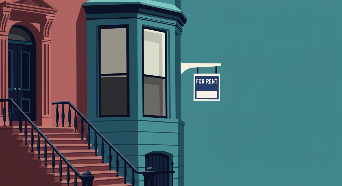 A classic Boston brownstone building with a 'For Rent' sign in the window.