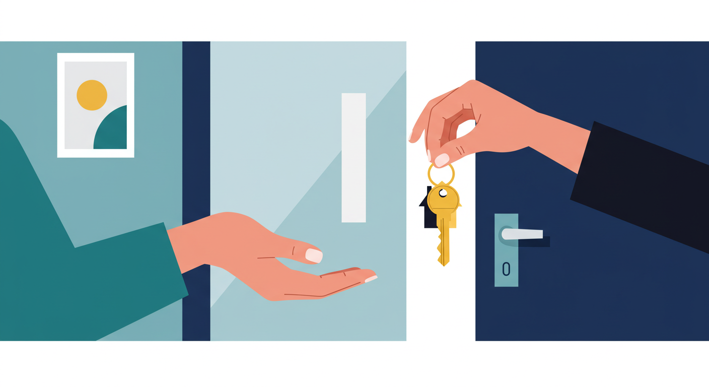 A person hands a set of house keys to another person in a bright, modern entryway.