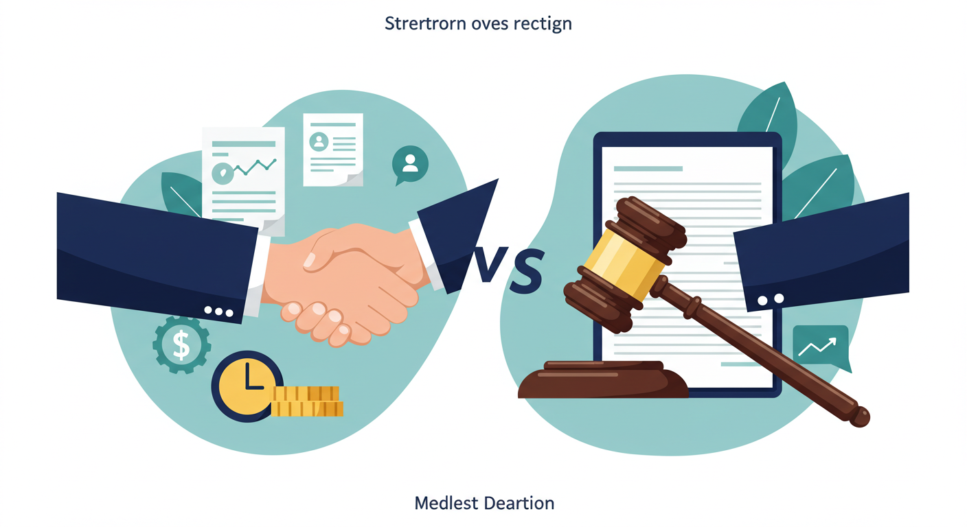A split image showing a handshake on one side and a gavel on the other, representing mediation vs. eviction.