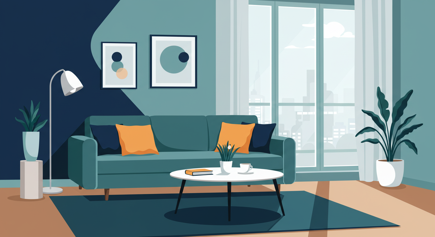 A clean and modern furnished apartment living room with a sofa, coffee table, and large window.