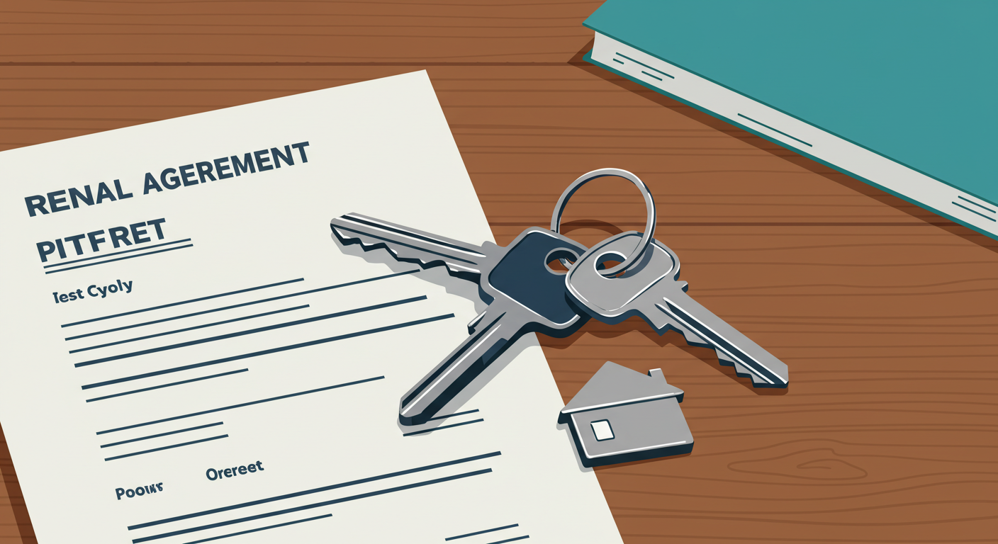 A set of house keys with a simple keychain rests on a wooden table next to a signed rental agreement.